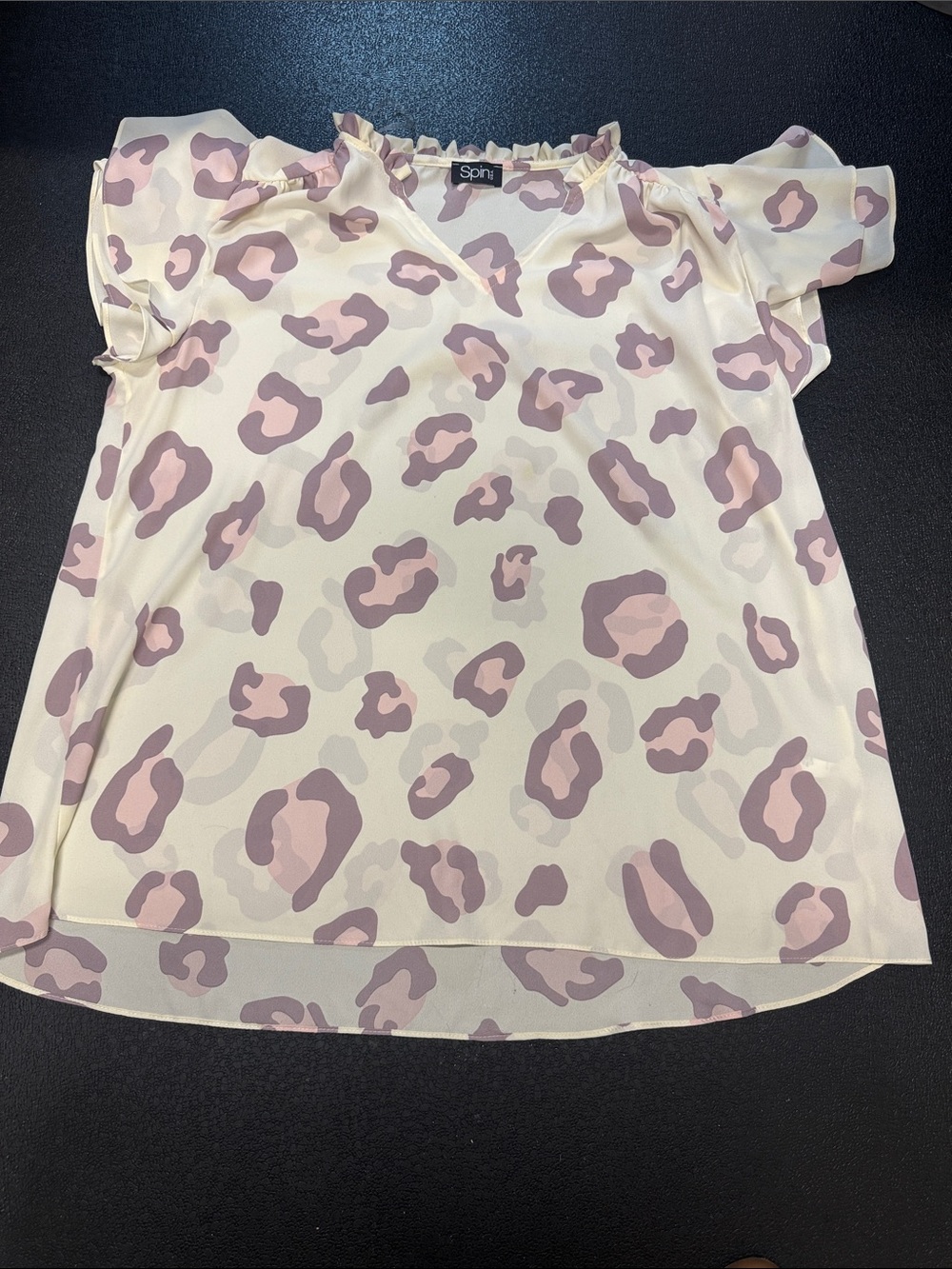Spin® Cream and Pink Leopard Print Ruffle Neck Blouse